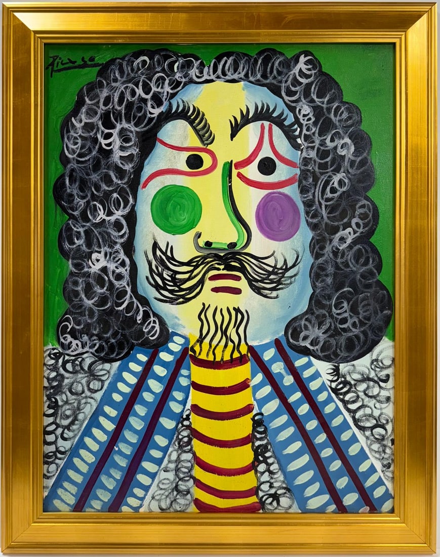 Pablo Picasso Spanish Oil on Canvas In The Style Of. Dali, Magritte, Chagall & Picasso Era: Title: Buste de Femme Technique: Oil on canvas Measures: 29 x 22 inches Year: 1938 Condition: Good Provenance: Private collection Visual Description:This vibrant oil on canvas presents a striking, abs