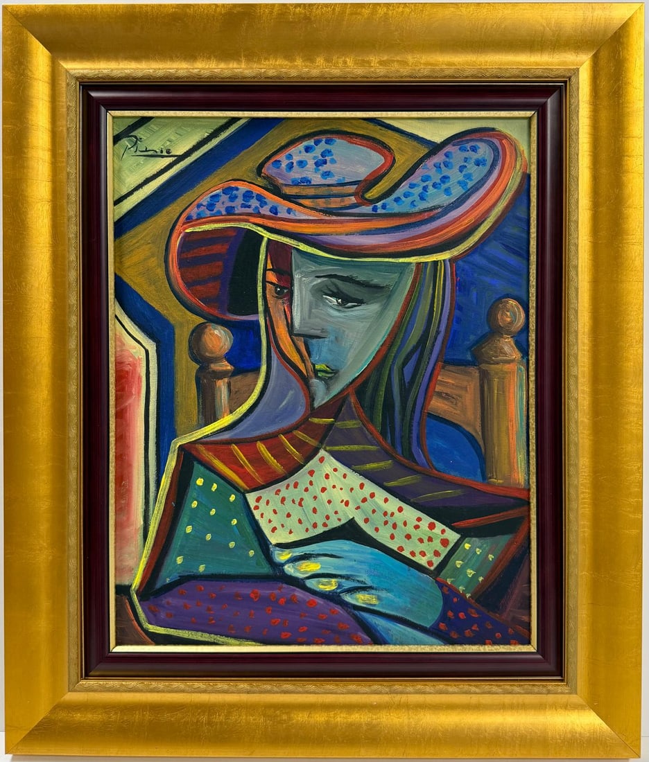 Pablo Picasso Spanish Oil on Canvas In The Style Of. Dali, Magritte, Chagall & Picasso Era: Title: Malincolia Technique: Oil on canvas Measures: 20 x 16 inches Year: Undated Condition: Good Private Collection Artwork Description:Malincolia presents a contemplative figure captured in an emoti