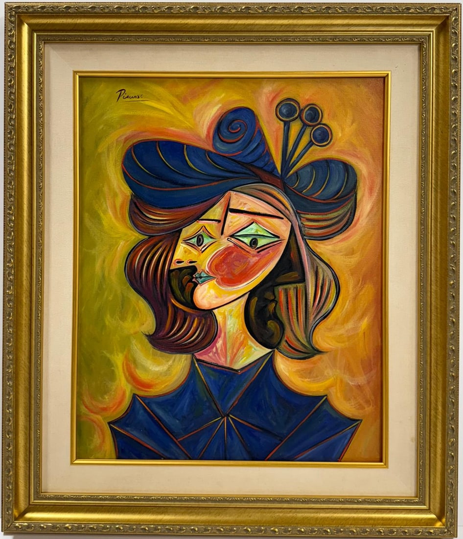 Pablo Picasso Spanish Oil on Canvas In The Style Of. Dali, Magritte, Chagall & Picasso Era: Title: Untitled Technique: Oil on canvas Measures: 20 x 16 inches Year: Undated Condition: Good Provenance: Private collection Visual Description:This vibrant oil on canvas presents a striking Cubist-