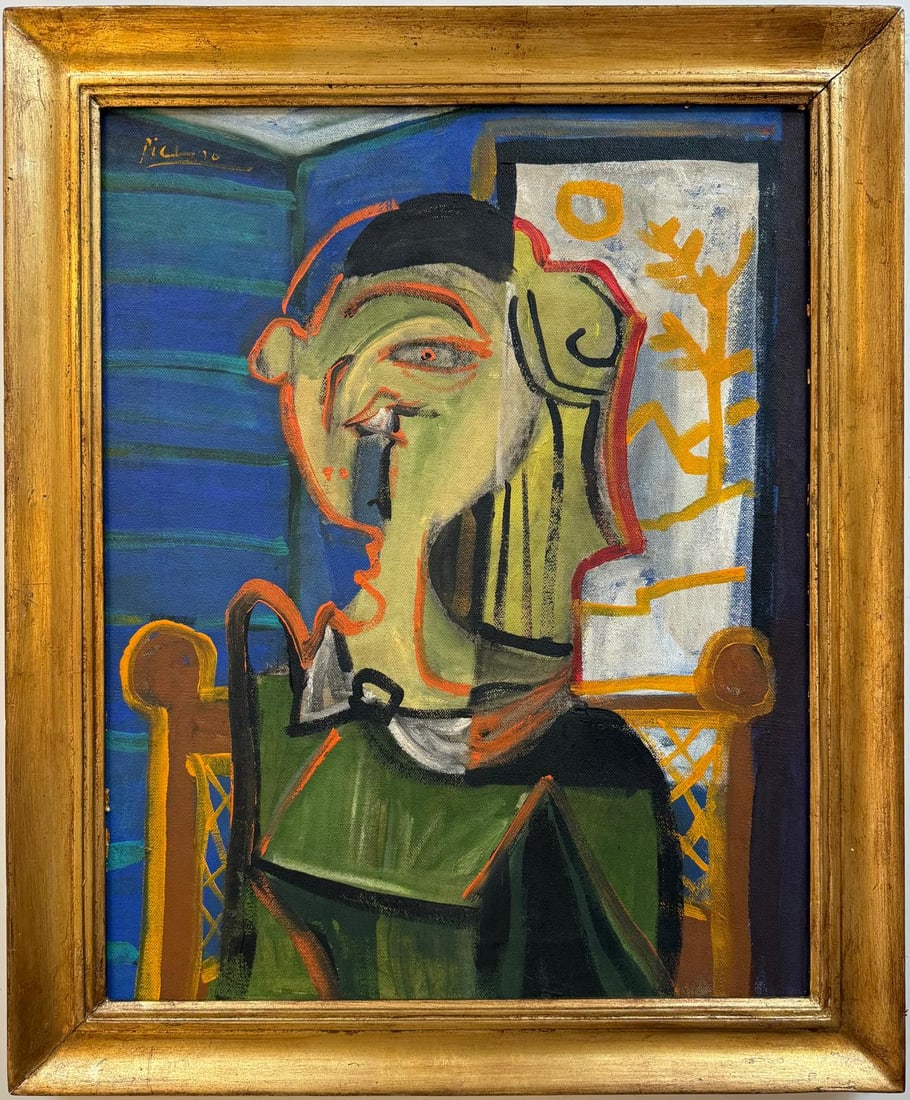 Pablo Picasso Spanish Oil on Canvas In The Style Of. Dali, Magritte, Chagall & Picasso Era: Title: Untitle Technique: Oil on canvas Measures: 20 x 16 inches Year: Undated Condition: Good Provenance: Private collection Visual Description:This oil on canvas presents a striking Cubist portrait 