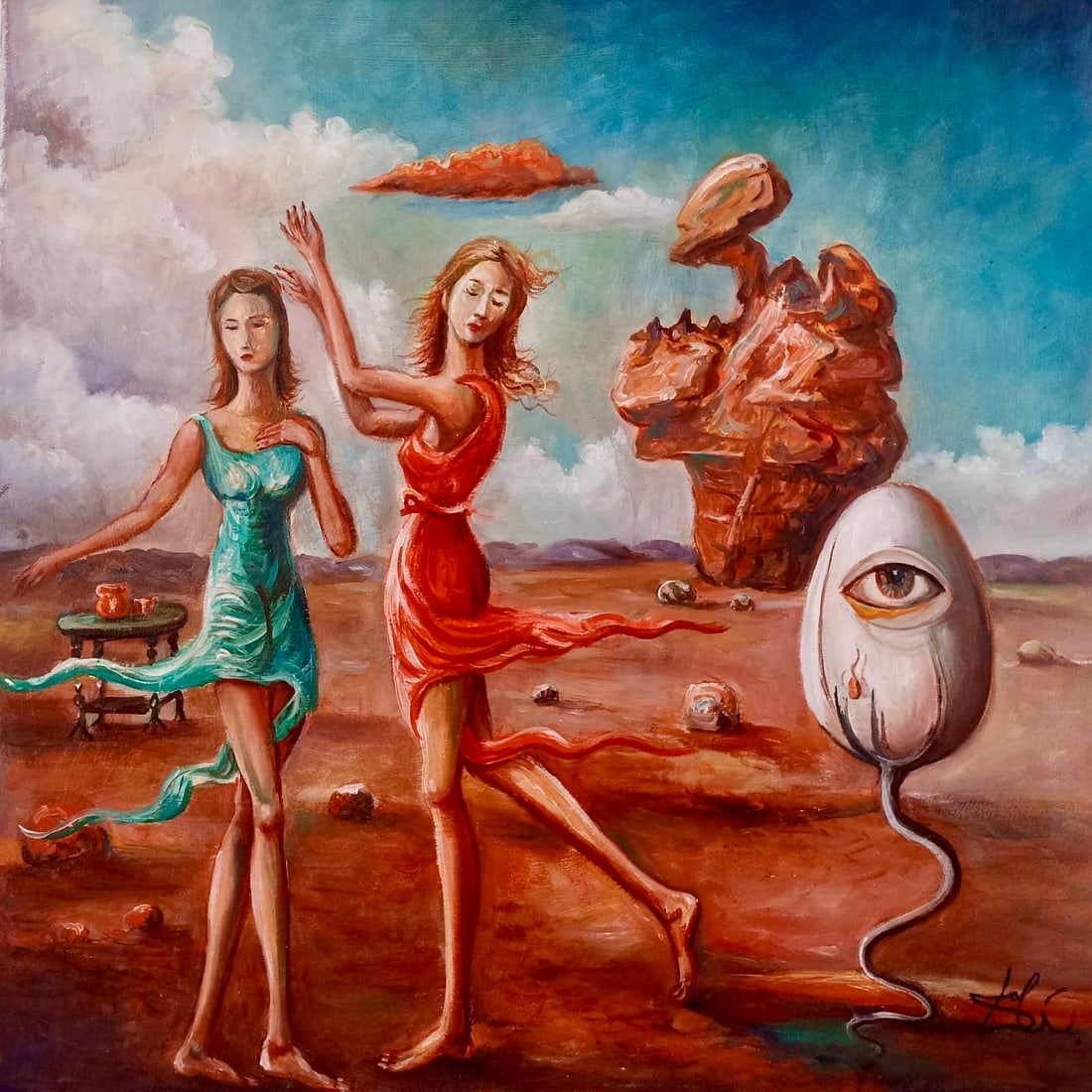 Salvador Dali Spanish 1904 - 1989 Oil on Canvas Painting in the style of. Magritte & Dali Surrealism: Title: Unknown Technique: Oil on canvas Measures: 30 x 30 inches Year: Unknown Condition: Good Provenance: Private collection Artwork Description:This surrealist oil on canvas evokes a vivid dreamscap