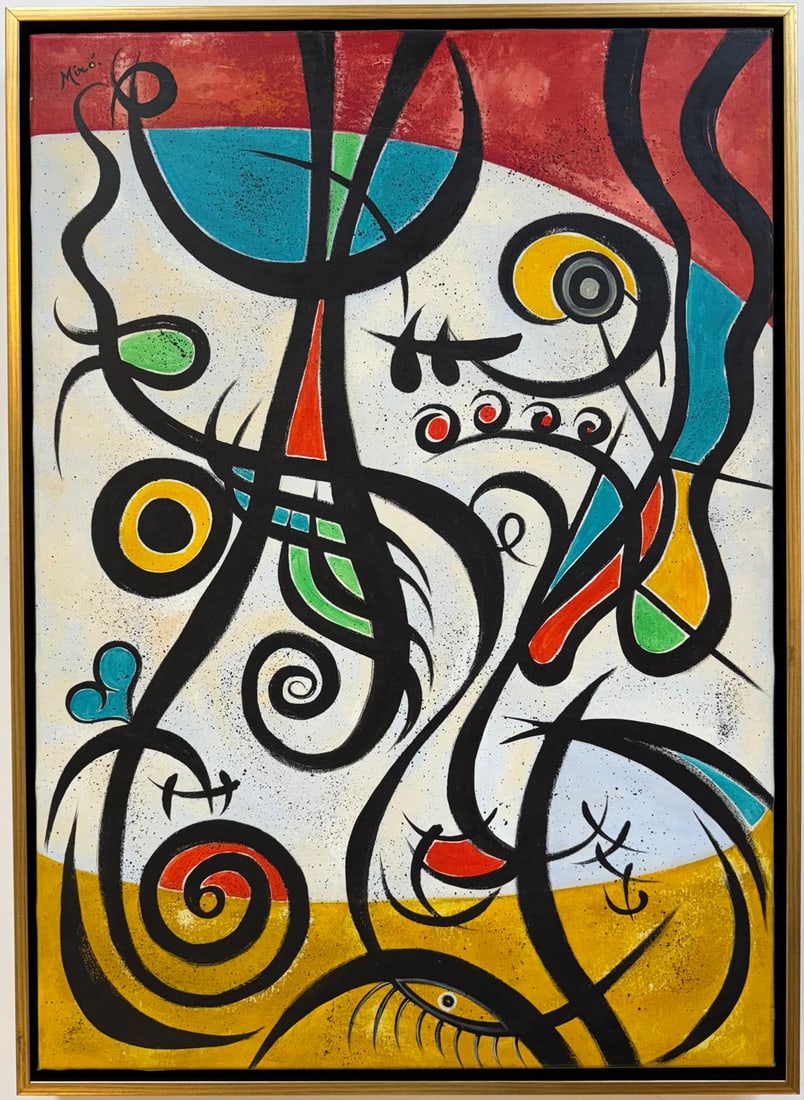 Joan Miro Spanish 1893 - 1983 Oil on canvas painting in the style of. Modernism and Surrealist Era (1 of 7)