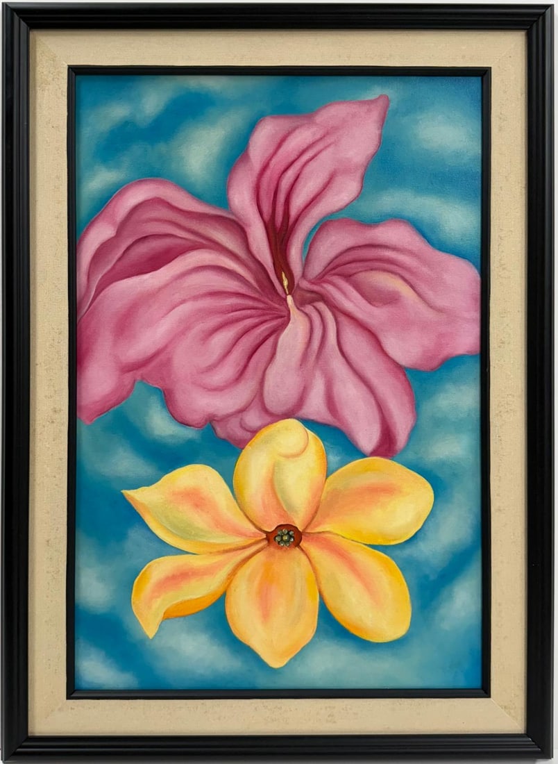 Georgia O'Keeffe American Oil On Canvas Painting in the style of. Pollock & O'Keeffe. Abstract Era: Title: Untitle Technique: Oil on canvas Measures: 23 x 15 inches Year: Unknown Condition: Good Collection: Private collection Visual Description:This vibrant oil on canvas painting presents two oversi