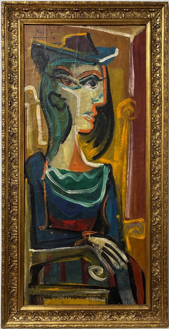 Pablo Picasso Spanish Oil on Canvas In The Style Of. Dali, Magritte, Chagall & Picasso Era: Title: Unknown Technique: Oil on canvas Measures: 29 x 15 inches Year: Unknown Condition: Good Provenance: Private collection This striking oil on canvas painting showcases a bold and expressive Cubis