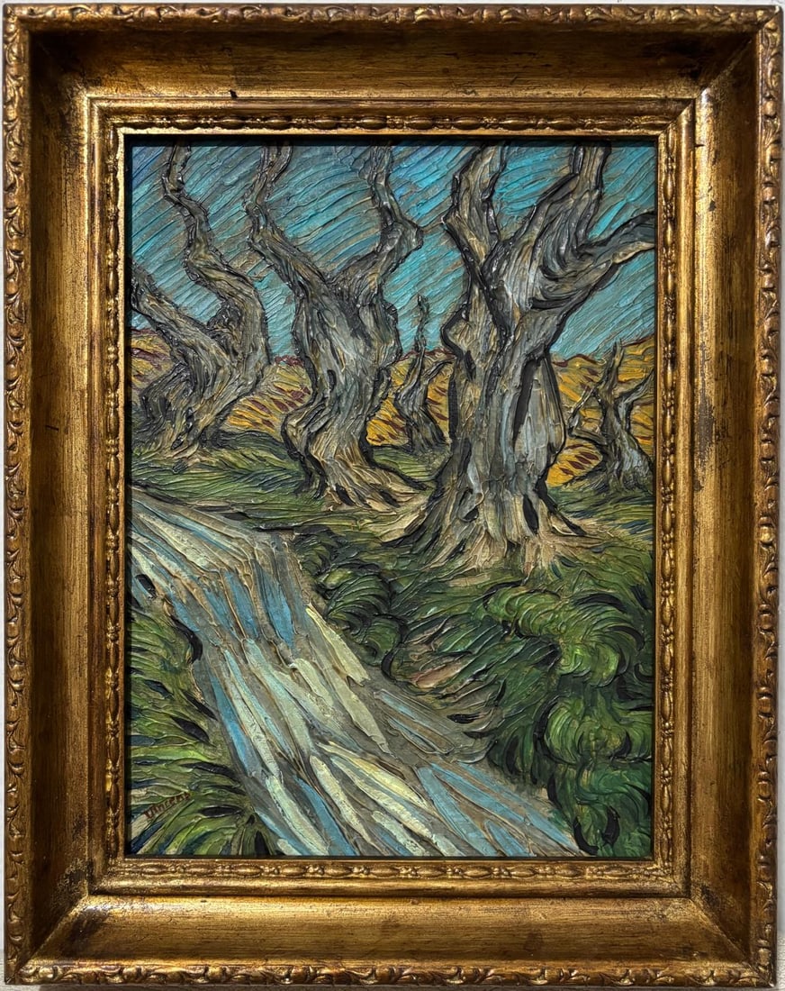 Vincent Van Gogh Dutch 1853-1890 Oil on Canvas painting in the style of Gaugin, Degas Era: Title: Drie bomen Technique: Oil on canvas Measures: 13 x 11 inches Year: Undated Condition: Good Private Collection Artwork Description:This compelling oil on canvas presents a winding path through a