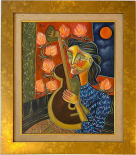 Pablo Picasso Spanish Oil on Canvas In The Style Of. Dali, Magritte, Chagall & Picasso Era: Title: Untitled Technique: Oil on canvas Dimensions: 24 x 20 inches Date: Undated Provenance: Private collection Condition: Good Visual Description:This vibrant oil on canvas presents a stylized femal