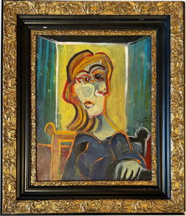 Pablo Picasso Spanish Oil on Canvas In The Style Of. Dali, Magritte, Chagall & Picasso Era: Title: Untitled Technique: Oil on canvas Dimensions: 20 x 16 inches Date: Undated Provenance: Private collection Condition: Good Visual Description:This oil on canvas painting depicts a seated female