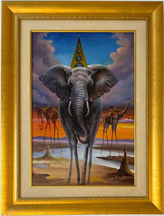 Salvador Dali Spanish 1904 - 1989 Oil on Canvas Painting in the style of. Magritte & Dali Surrealism: Title: Untitled Technique: Oil on canvas Dimensions: 23 x 16 inches Date: Undated Provenance: Private collection Condition: Good Visual Description:This surreal oil on canvas depicts an extraordinary