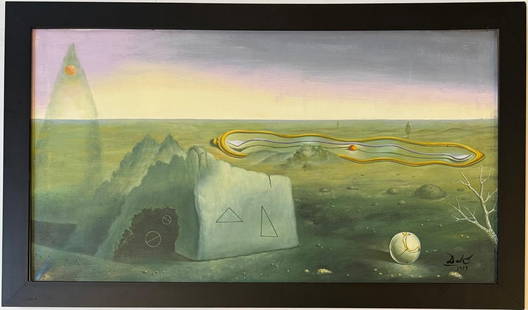 Salvador Dali Spanish 1904 - 1989 Oil on Canvas Painting in the style of. Magritte & Dali Surrealism: Title: Temps Mort Technique: Oil on canvas Dimensions: 19 x 35 inches Date: 1959 Provenance: Private collection Condition: Good Visual Description:This surrealist oil on canvas unfolds a quiet and mys