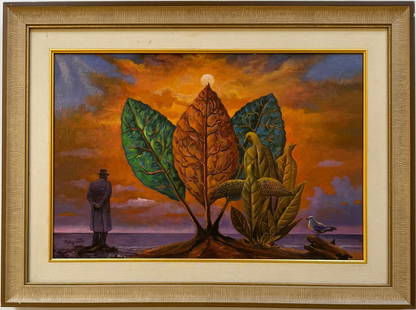 Rene Magritte Belgian 1898 - 1967 Oil on Canvas Painting in The Style of. Art Deco-Surrealist Era.: Title: Nature Morte Technique: Oil on canvas Measures: 15 x 23 inches Year: 1939 Condition: GoodProvenance: Private collection Visual Description:This surreal oil on canvas painting merges natural for