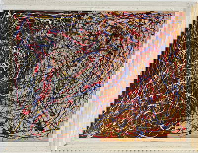 Jackson Pollock American Oil on canvas Painting In The Style of. Rothko, Kline, & Pollock Era: Title: Untitled Technique: Oil on canvas Dimensions: 23 x 31 inches Date: 1950 Provenance: Private collection Condition: Good Visual Description:This vibrant oil on canvas is a striking example of abs