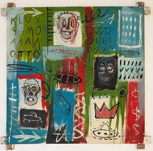 Jean Michel Basquiat Abstract In The Style of. Warhol, Haring & Basquiat Era. Mixed Media/Canvas.: Title: Untitled Technique: Mixed media on canvas Dimensions: 31 x 31 inches Date: 1982 Provenance: Private collection Condition: Good Visual Description:This powerful mixed media painting on canvas pr