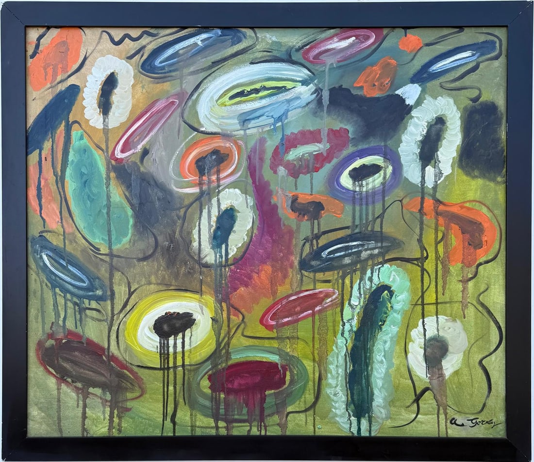 Arshile Gorky American Oil on canvas Painting In The Style of. Rothko, Kline, de Kooning O'Keeffe.: Title: Good Morning Technique: Oil on canvas Date: Undated Measurements: 35.5 × 30.5 in. Collection: Private collection Condition: Good condition Visual Description:This vibrant oil on canvas paintin