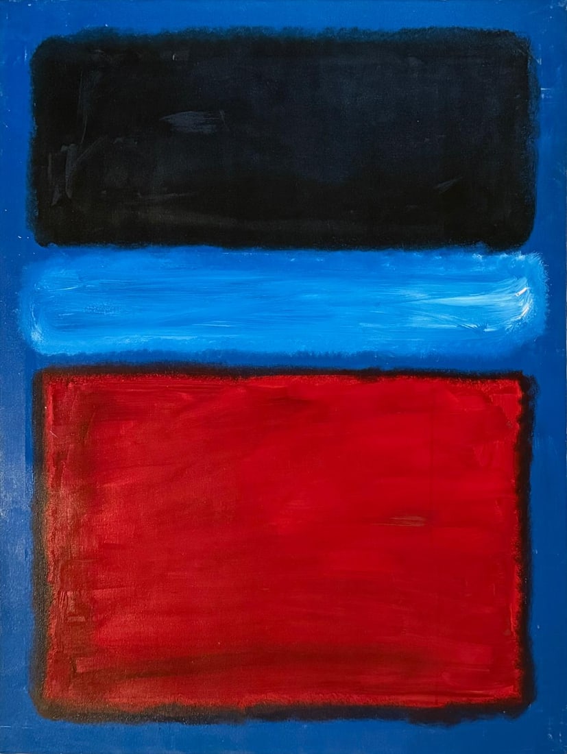 Mark Rothko Russian 1903 - 1970 Oil on canvas painting in the style of. Pollock, Kline, Abstract Era: Title: Blue, Red and White Technique: Oil on canvas Dimensions: 44 x 34 inches Date: 1961 Provenance: Private collection Condition: Good Visual Description:This oil on canvas features a powerful abstr