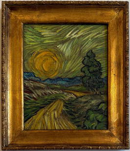 Vincent Van Gogh Dutch 1853-1890 Oil on Canvas painting In the Style of. Impressionist Era.: Title: Zonsondergang Technique: Oil on canvas Dimensions: 10 x 8 inches Date: Undated Provenance: Private collection Condition: Good Visual Description:This intimate oil on canvas captures a vivid sun