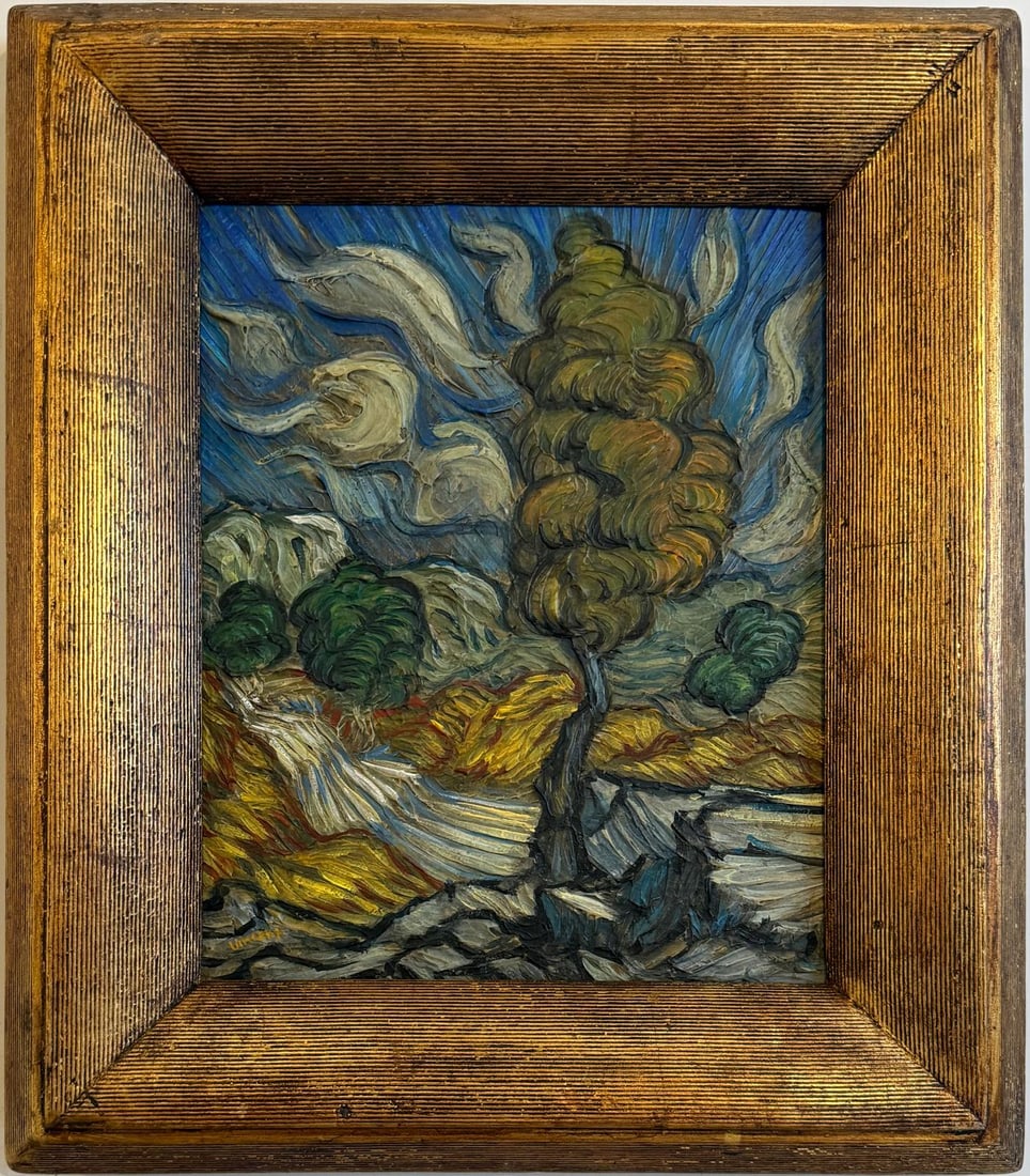 Vincent Van Gogh Dutch 1853-1890 Oil on Canvas painting In the Style of. Impressionist Era.: Title: Landschap Technique: Oil on canvas Dimensions: 10 x 8 inches Date: Undated Provenance: Private collection Condition: Good Visual Description:This richly textured oil on canvas depicts a dramati