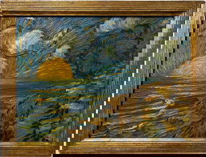 Vincent Van Gogh Dutch 1853-1890 Oil on Canvas painting In the Style of. Impressionist Era.: Title: Zeelandschap Technique: Oil on canvas Dimensions: 12 x 16 inches Date: Undated Provenance: Private collection Condition: Good Visual Description:This expressive oil on canvas captures a vivid c
