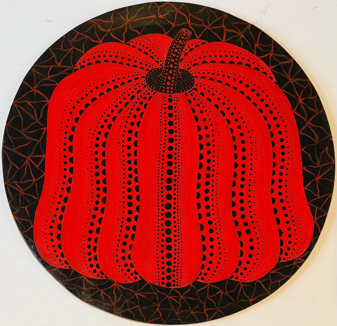 Yayoi Kusama (B.1929), In the Style of. Andy Warhol and Haring Pop Art Era. Acrylic on Canvas: Title: Pumpkin Technique: Acrylic on canvas Dimensions: 31 inches (round) Date: 2000 Provenance: Private collection Condition: Good Visual Description:This striking round acrylic on canvas painting fe