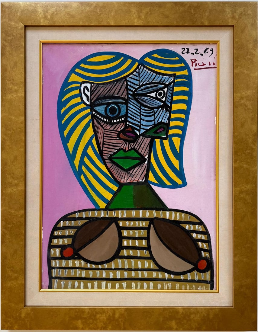 Pablo Picasso Spanish Oil on Canvas In The Style Of. Dali, Magritte, Chagall & Picasso Era: Title: Buste de femme Technique: Oil on canvas Dimensions: 27 x 16 inches Date: 1969 Provenance: Private collection Condition: Good Visual Description:This bold and expressive oil painting presents a 
