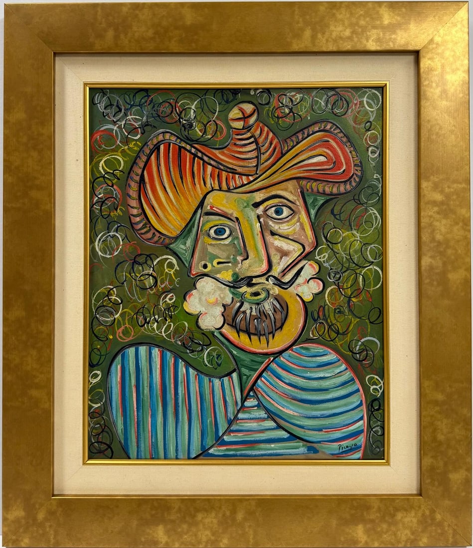 Pablo Picasso Spanish Oil on Canvas In The Style Of. Dali, Magritte, Chagall & Picasso Era: Title: Untitle Technique: Oil on canvas Dimensions: 20 x 16 inches Date: 1961 Provenance: Private collection Condition: Good Visual Description:This vibrant oil painting features a cubist portrait of 