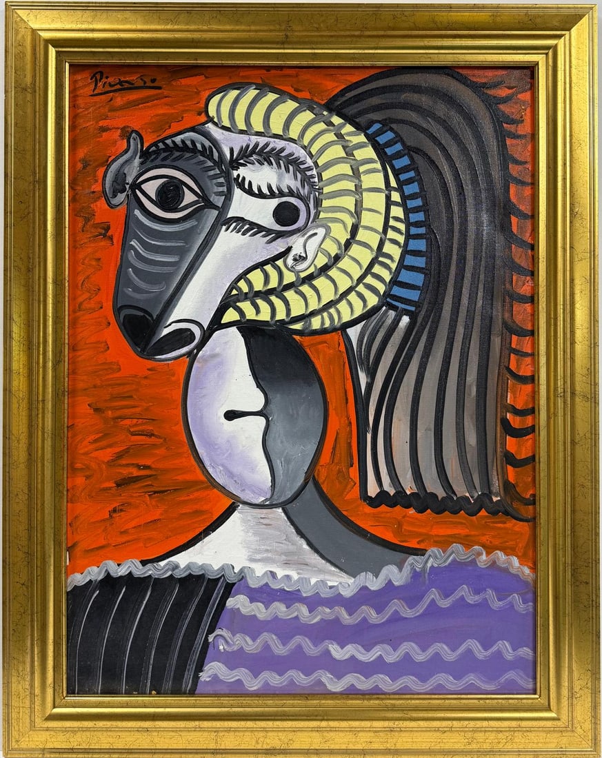 Pablo Picasso Spanish Oil on Canvas In The Style Of. Dali, Magritte, Chagall & Picasso Era: Title: Buste de femme Technique: Oil on canvas Dimensions: 31 x 23 inches Date: 1939 Provenance: Private collection Condition: Good Visual Description:This striking oil painting captures a stylized fe