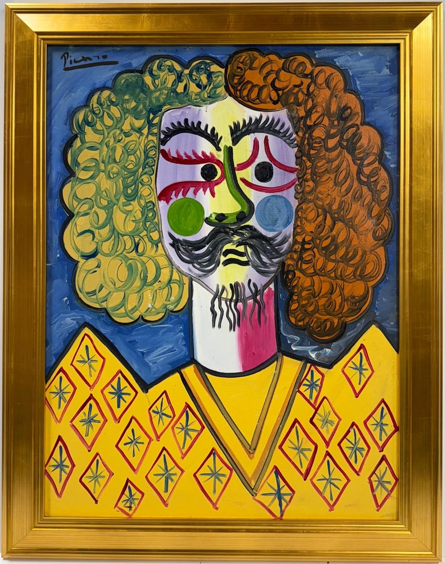 Pablo Picasso Spanish Oil on Canvas In The Style Of. Dali, Magritte, Chagall & Picasso Era: Title: Buste de Homme Technique: Oil on canvas Dimensions: 31 x 23 inches Date: 1939 Provenance: Private collection Condition: Good Visual Description:This bold and vivid composition presents a styliz