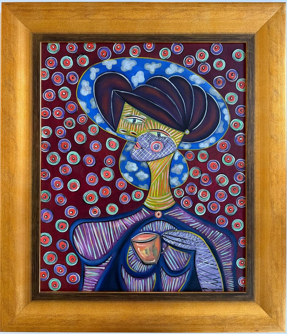 Pablo Picasso Spanish Oil on Canvas In The Style Of. Dali, Magritte, Chagall & Picasso Era: Title: Untitled Technique: Oil on canvas Dimensions: 24 x 20 inches Date: 1960 Provenance: Private collection Condition: Good Visual Description:This vibrant and stylized portrait features a woman ren