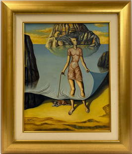 Salvador Dali Spanish 1904 - 1989 Oil on Canvas Painting in the style of. Magritte & Dali Surrealism: Title: Untitled Technique: Oil on canvas Dimensions: 20 x 16 inches Date: Undated Provenance: Private collection Condition: Good Visual Description:Set within a dreamlike seascape, this surreal compos