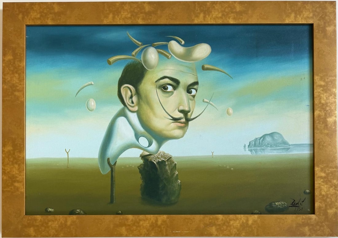 Salvador Dali Spanish 1904 - 1989 Oil on Canvas Painting in the style of. Magritte & Dali Surrealism: Title: Self Portrait Technique: Oil on canvas Dimensions: 22 x 33 inches Date: 1958 Provenance: Private collection Condition: Good Visual Description:This surrealist self-portrait presents a striking 