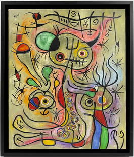 Joan Miro Spanish 1893 - 1983 Oil on Canvas in the style of. Dali, Magritte, & Miro Surrealism Era.: Title: Untitle Technique: Oil on canvas Dimensions: 24 x 20 inches Date: Undated Provenance: Private collectionCondition: Good Visual Description:This vibrant and enigmatic abstract composition bursts
