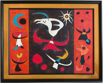 Joan Miro Spanish 1893 - 1983 Oil on Canvas in the style of. Dali, Magritte, & Miro Surrealism Era.