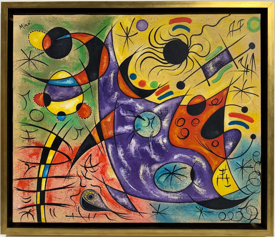 Joan Miro Spanish 1893 - 1983 Oil on Canvas in the style of. Dali, Magritte, & Miro Surrealism Era.: Title: Untitle Technique: Oil on canvas Dimensions: 20 x 24 inches Date: Undated Provenance: Private collection Condition: Good Visual Description:This dynamic oil painting bursts with color and motio