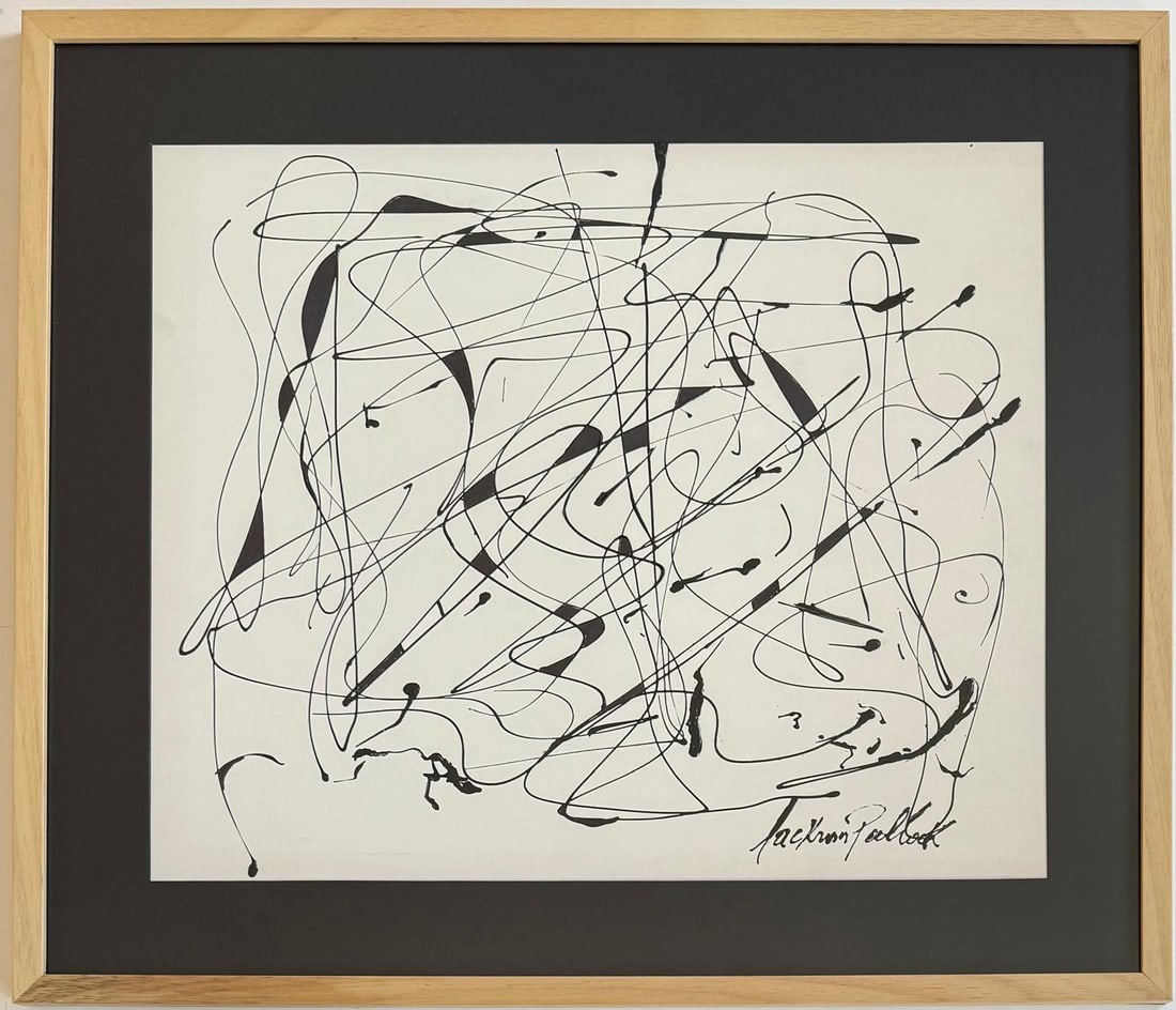 Jackson Pollock American Oil on Paper Painting In The Style of. Rothko, Kline, de Kooning Era: Title: Untitle Technique: Oil on paper Dimensions: 19 x 23 inches Date: Undated Provenance: Private collection Condition: Good Visual Description:This dynamic oil on paper painting unfolds as a mesmer