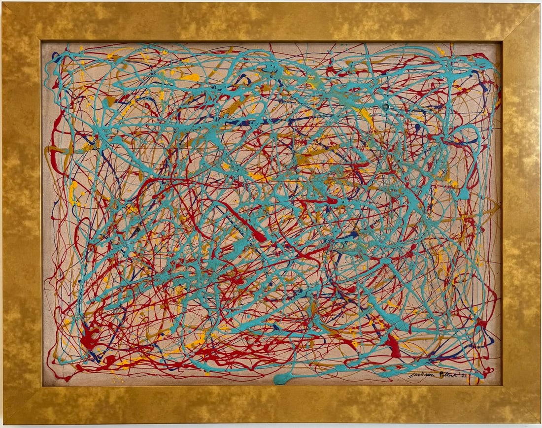 Jackson Pollock American Oil on Canvas Painting In The Style of. Rothko, Kline, de Kooning Era: Title: Untitle Technique: Oil on canvas Dimensions: 23 x 31 inches Date: 1951 Provenance: Private collection Condition: Good Visual Description:This abstract oil on canvas bursts with a rhythmic inten