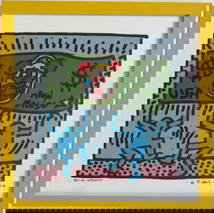 Keith haring American 1958 - 1990 Silkscreen In The Style of. Warhol & Haring Pop Art Period.: Title: Andy Mouse Technique: Silkscreen Dimensions: 20 x 20 inches Date: 1986 Provenance: Private collection Condition: Good Visual Description:This bold and vibrant silkscreen features a graphic pop-