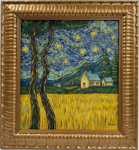 Vincent Van Gogh Dutch 1853-1890 Oil on Canvas painting. Gaugin & Van Gogh Impressionist Period.: Title: Untitle Technique: Oil on canvas Dimensions: 20 x 18 inches Date: Undated Provenance: Private collection Condition: Good Visual Description:This expressive rural nightscape immerses viewers in