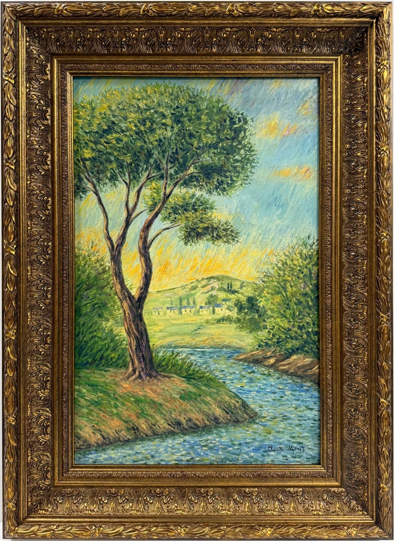 Claude Monet French 1840 - 1926 Oil on Canvas In the Style of. Renoir & Manet Impressionist Era.: Title: Untitle Technique: Oil on canvas Dimensions: 23 x 15 inches Date: Undated Provenance: Private collection Condition: Good Visual Description:This serene landscape captures the peaceful rhythm of