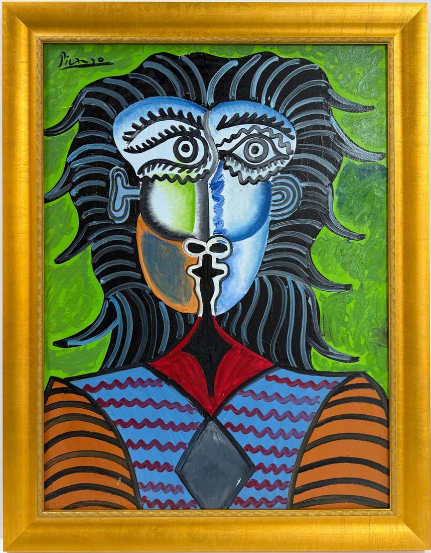 Pablo Picasso Spanish Oil on Canvas In The Style Of. Dali, Magritte, Chagall & Picasso Era: Title: Buste de homme Technique: Oil on canvas Dimensions: 31 x 23 inches Date: 1939 Provenance: Private collection Condition: Good Visual Description:This commanding bust portrait presents a stylized