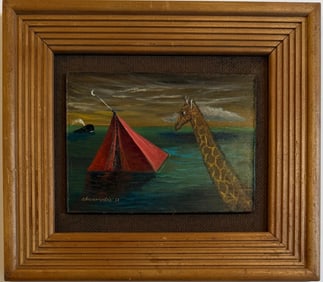 Gertrude Abercrombie American 1907-1977 Oil on Masonite Painting In the Style of Magritte, Dali Era.