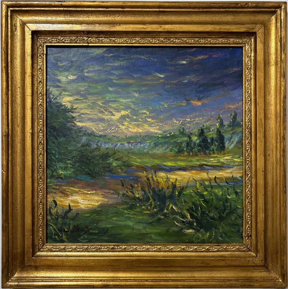 Claude Monet French 1840 - 1926 Oil on Canvas In the Style of. Renoir & Manet Impressionist Era.: Title: Untitle Technique: Oil on canvas Dimensions: 18 x 18 inches Date: Undated Provenance: Private collection Condition: Good Visual Description:This expressive landscape captures a serene countrysi