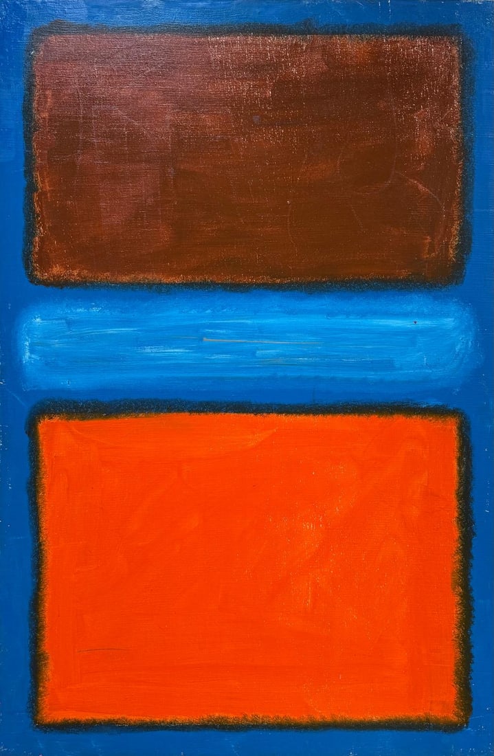 Mark Rothko Russian 1903 - 1970 Oil on Canvas painting in the style of. Pollock, Kline, Abstract Era: Title: Untitle Technique: Oil on canvas Dimensions: 48 x 32 inches Date: Undated Provenance: Private collection Condition: Good Visual Description:This striking abstract composition features three pro