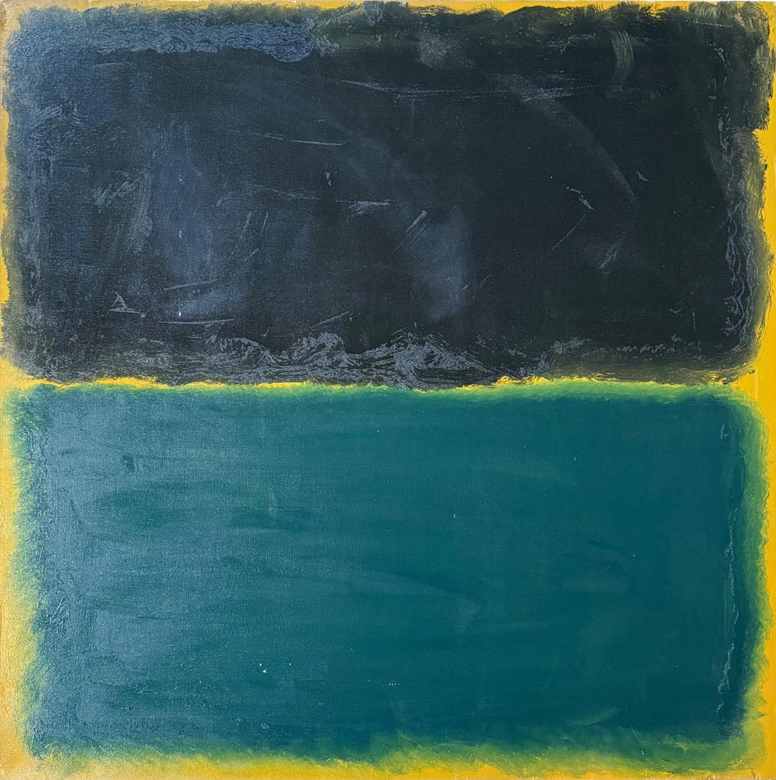 Mark Rothko Russian 1903 - 1970 Oil on Canvas painting in the style of. Pollock, Kline, Abstract Era: Title: Untitle Technique: Oil on canvas Dimensions: 39 x 39 inches Date: 1967 Provenance: Private collection Condition: Good Visual Description:This square-format abstract composition features two hor