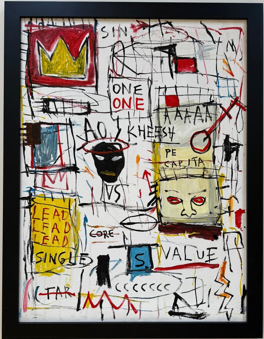 Jean Michel Basquiat Abstract In The Style of. Neo Expressionism & Modern Era Mixed Media/Canvas.: DescriptionTitle: Untitle Technique: Mixed media on canvas Dimensions: 31 x 24 inches Date: 1983 Provenance: Private collection Condition: Good Visual Description:This dynamic mixed media composition 