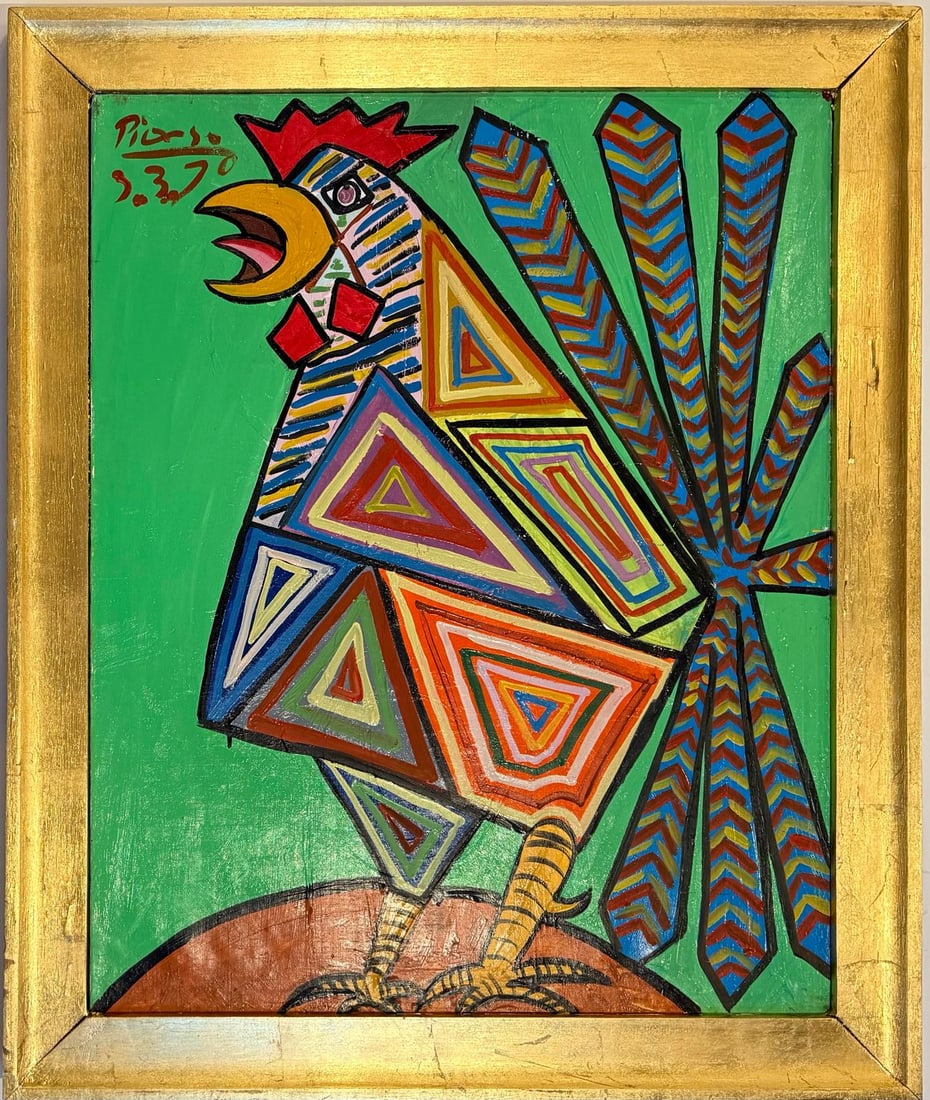 Pablo Picasso Spanish Oil on Canvas In The Style Of. Dali, Magritte, Chagall & Picasso Era: Title: The Rooster Technique: Oil on canvas Dimensions: 30 x 24 inches Date: 1970 Provenance: Private collection Condition: Good Visual Description:This vibrant and geometric composition features a bo