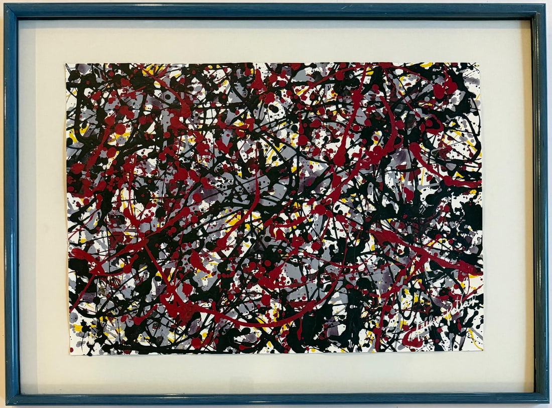 Jackson Pollock American Oil on Paper Painting In The Style of. Rothko, Kline, & Pollock Era: Title: Untitled Technique: Oil on paper Dimensions: 16 x 24 inches Date: Undated Provenance: Private collection Condition: Good Visual Description:This dynamic abstract composition bursts with energy