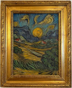 Vincent Van Gogh Dutch 1853-1890 Oil on Canvas painting Style of. Gaugin & Van Gogh Impressionist.: Title: Sunset Technique: Oil on canvas Dimensions: 10 x 8 inches Date: Undated Provenance: Private collection Condition: Good Visual Description:This intimate landscape captures a golden sunset illumi