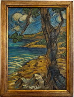 Vincent Van Gogh Dutch 1853-1890 Oil on Canvas painting Style of. Gaugin & Van Gogh Impressionist.: Title: Landscape Technique: Oil on canvas Dimensions: 15 x 11 inches Date: Undated Provenance: Private collection Condition: Good Visual Description:This vertically composed coastal landscape presents