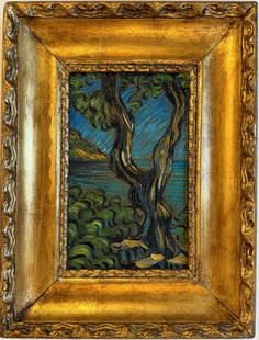 Vincent Van Gogh Dutch 1853-1890 Oil on Canvas painting Style of. Gaugin & Van Gogh Impressionist.: Title: Landscape Technique: Oil on canvas Dimensions: 10 x 6 inches Date: Undated Provenance: Private collection Condition: Good Visual Description:This intimate vertical landscape captures a pair of