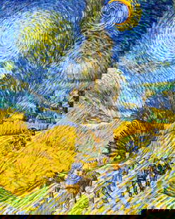 Vincent Van Gogh Dutch 1853-1890 Oil on Canvas painting Style of. Gaugin & Van Gogh Impressionist.: Title: Untitled Technique: Oil on canvas Dimensions: 19 x 15 inches Date: Undated Provenance: Private collection Condition: Good Visual Description:This vivid and energetic pastoral scene captures a w