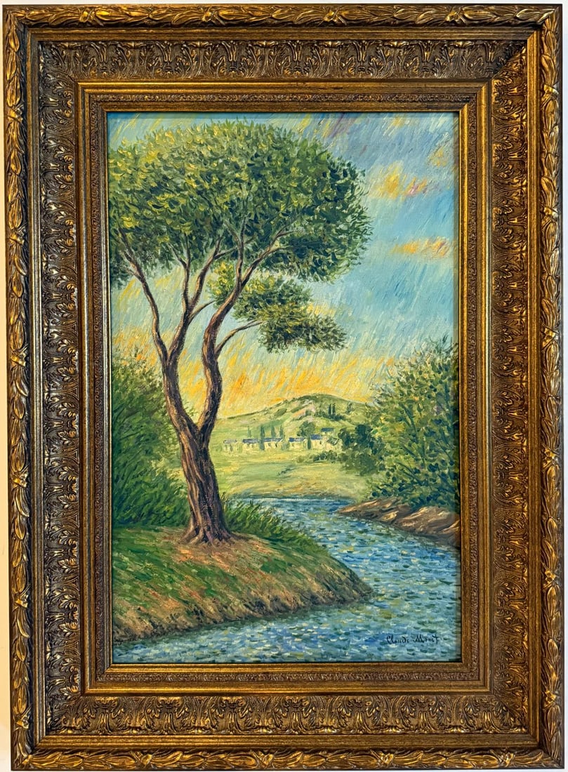 Claude Monet French 1840 - 1926 Oil on Canvas In the Style of. Renoir & Manet Impressionist Era.: Title: Untitle Technique: Oil on canvas Dimensions: 23 x 15 inches Date: Undated Provenance: Private collection Condition: Good Visual Description:This serene landscape captures the peaceful rhythm of